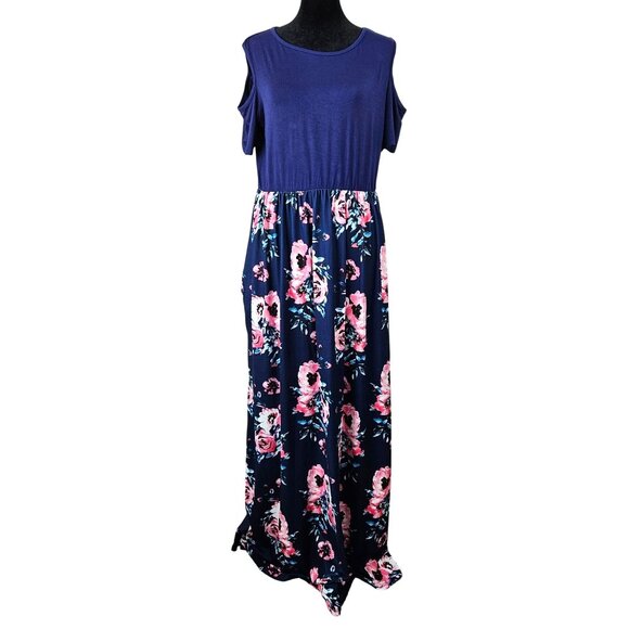 Womens Cold Shoulder Floral Maxi Dress Size XL Navy With Pink & White Boho - Picture 4 of 12